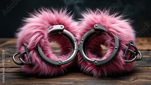 Pair of Pink Fluffy Fur Handcuffs on Wood Table with Dark Textured Background Close Up