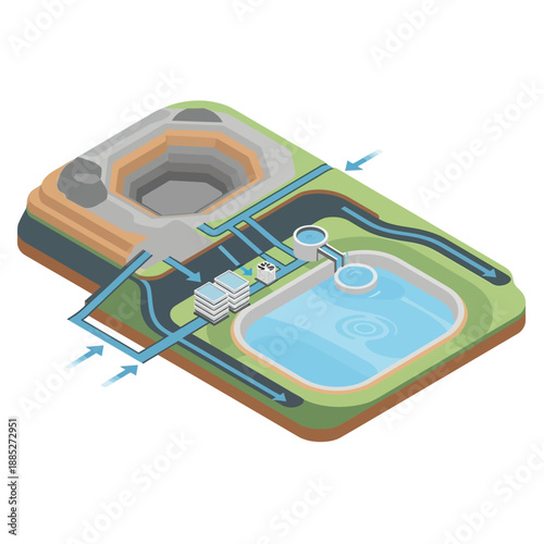 Isometric illustration of a wastewater treatment system with ponds and filtration.