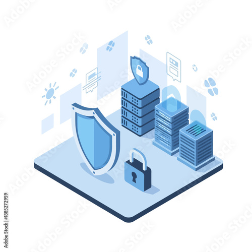 Isometric illustration of data security and network protection.