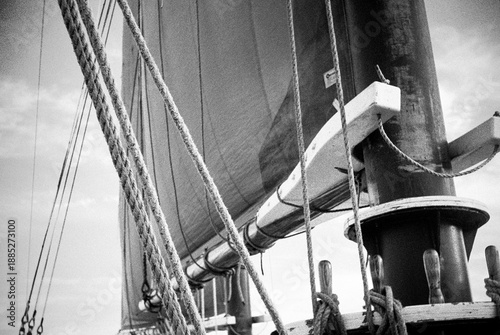 Black and white detail of sailboat rigging