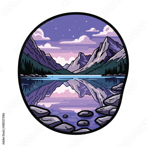 A serene mountain lake at dusk with reflected peaks