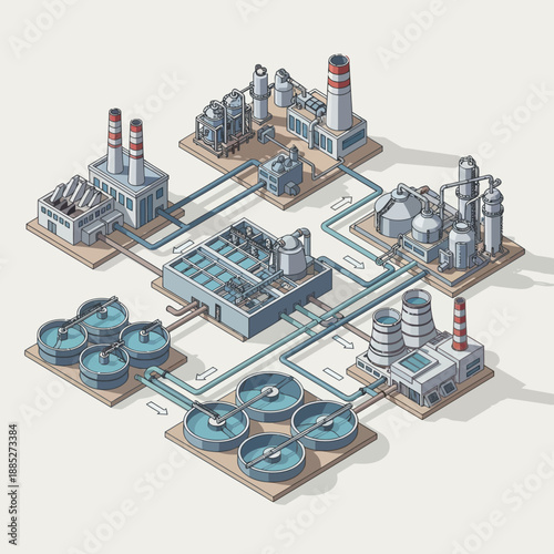 Isometric Industrial Complex with Water Treatment and Factories.
