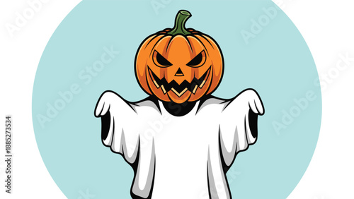 Scary halloween ghost with a carved pumpkin head and outstretched arms set against a blue circle for a spooky seasonal design.