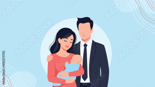Portrait of a father and mother holding their newborn baby close in a loving embrace against a soft blue patterned background.