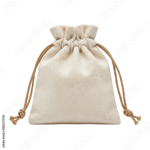 Beige drawstring fabric pouch isolated on transparent background