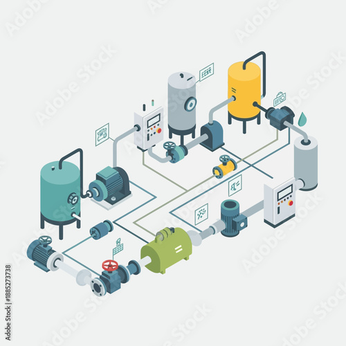 Isometric Industrial Water Treatment Plant Diagram with Tanks and Pumps.