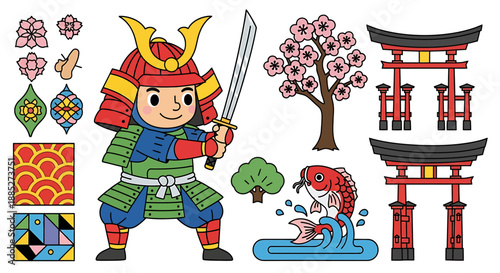 Charming Japanese Culture Icon Set Featuring Samurai, Cherry Blossoms, Torii Gates, Koi Fish, and Traditional Patterns Vector Illustration