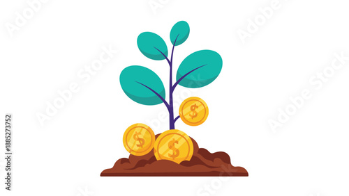 Wealth growth concept showing a green leafy plant sprouting from a pile of dark soil with three gold coins at its base.