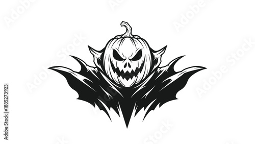 Spooky black and white illustration of a vampire-like creature with a menacing carved jack-o-lantern pumpkin for a head silhouette.