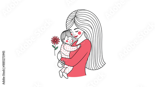 Artistic line drawing of a mother with long flowing hair lovingly hugging her baby while a small red flower stands nearby illustration.