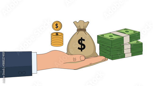 Businessman hand holding a large burlap sack of money next to stacks of gold coins and bundles of green dollar bills for wealth theme.