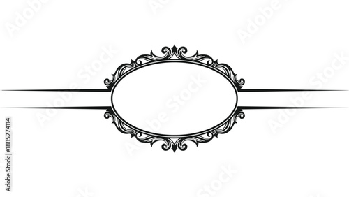 Ornate oval vintage frame with intricate black line art patterns and horizontal borders, ideal for elegant invitations or classical label designs.