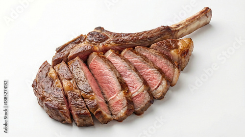 Sliced grilled Tomahawk steak isolated on white background top view