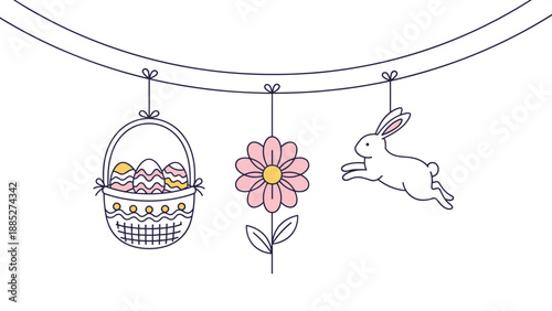 Delicate Easter garland illustration featuring a basket of decorated eggs, a pink flower, and a leaping white rabbit suspended on a thin wire.