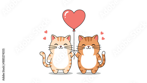 Pair of cute striped cats standing together and holding a single red heart-shaped balloon to celebrate friendship, love, and sweet moments.