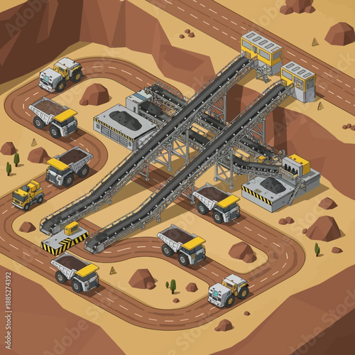 Isometric view of a large-scale open-pit mining operation with heavy machinery and conveyor belts.