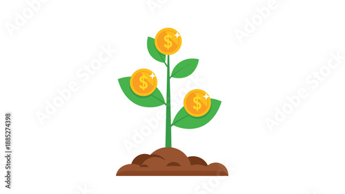 Small plant growing in fertile soil with vibrant green leaves that have large gold dollar coins sprouting from them as a symbol of investment.