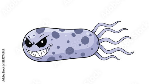 Microscopic view of an angry purple bacterium character with sharp teeth and long flagella representing a dangerous germ or viral infection.
