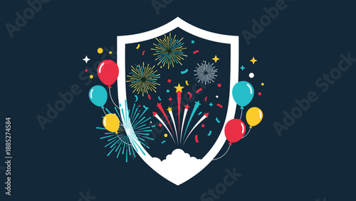 White shield emblem surrounded by vibrant fireworks and colorful balloons on a dark background to represent a safe and secure celebration.