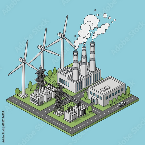 Isometric view of power generation with wind turbines and a factory.