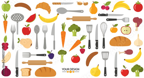 Diverse array of colorful culinary tools, fresh fruits, and vegetables, featuring a handy whisk, ideal for cooking, healthy eating, and food preparation designs and concepts