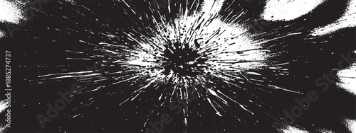 Abstract black and white explosion with radiating lines and splatters.