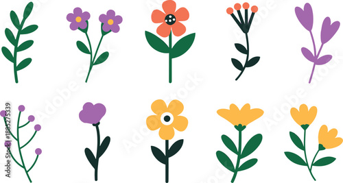 Colorful cartoon flowers and leaves on white
