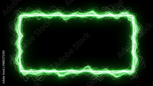 A vibrant green electrical frame illuminates against a dark black background