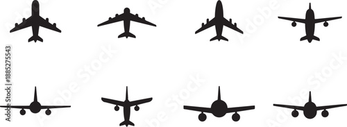 Eight different air-plane silhouettes in various orientations on white background