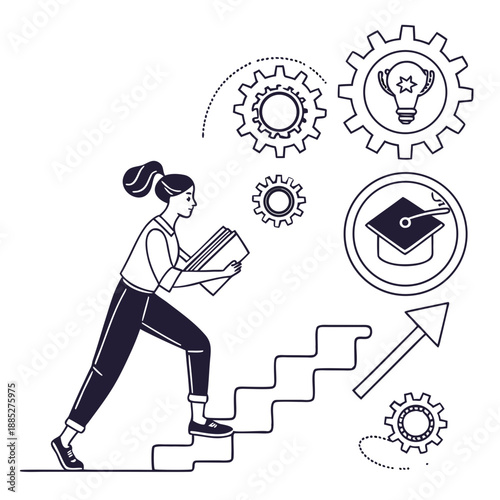 Minimal line vector illustration of woman climbing steps with book and gears. Concept of learning process, education, career development, self improvement and skill growth.
