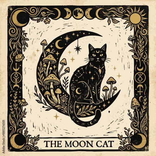 Enchanted black cat perched on a crescent moon amid glowing mushrooms and lush foliage, illustrated in mystical tarot style from a frontal view