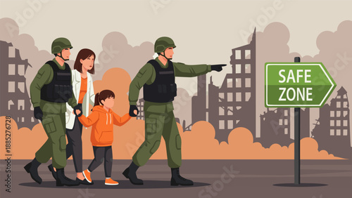 Soldiers escorting a family to a safe zone, vector illustration of conflict aftermath and hope