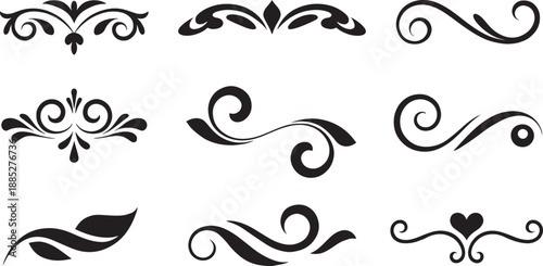 Set of black swirling floral ornate design elements