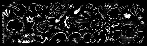 Explosive BOOM comic effect vector bundle. Speed lines, burst smoke, broken heart, impact frame for superhero animation. Pop doodle cartoon element kit with air effect and speech bubble on black bg
