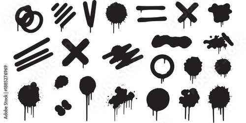 Collection of Black Graffiti Spray Paint Splatter and Drip Elements.