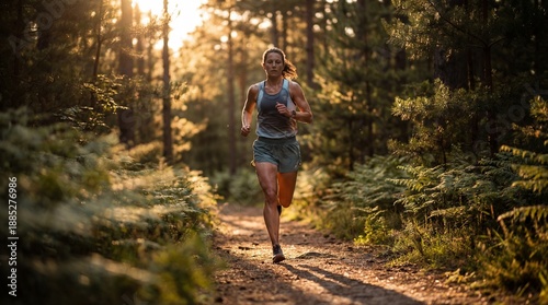 Trail Runner in Forest at Sunset