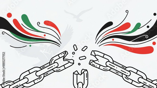 Broken chain with uae flag colors on a white background symbolizing freedom and unity in the middle east with a dove flying away