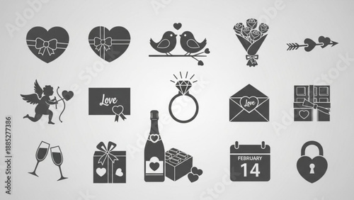 Valentine's day icons set including hearts love symbols gifts and romantic elements on gray background