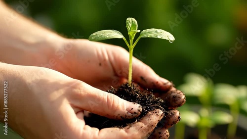 Gentle hands cradle a tiny sprout emerging from rich soil The delicate plant symbolizes new beginnings growth and the promise of nature s bounty