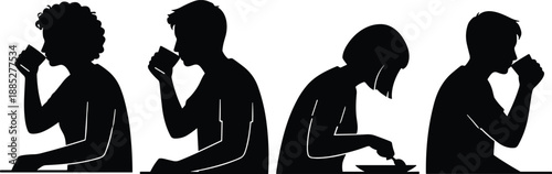 Collection of diverse business men and women silhouettes, in professional suits, representing success, communication, presentation, and various corporate action poses