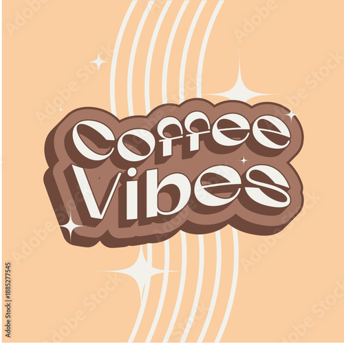 Bold Comic Typography Style Text of 'Coffee Vibes' with Glitter and Curved Line Stripes, Cocoa Brown and Yellow Cream Color
