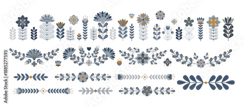 collection Floral vector illustration ethnic, motif an arrangement of stylized botanical elements with intricate flower and leaf patterns in blue, orange, and gray tones. Perfect for design projects.