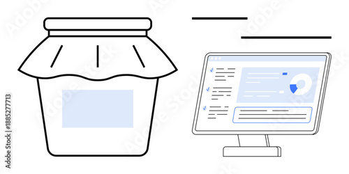 Technology, data storage, tradition, marketing, analytics, business tools. A jar with a label and a computer monitor on white. Technology and data storage through icons
