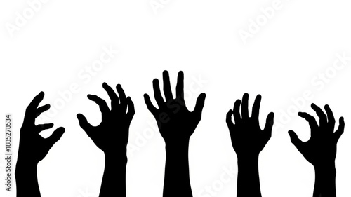 Silhouette of five hands reaching up against a white background.