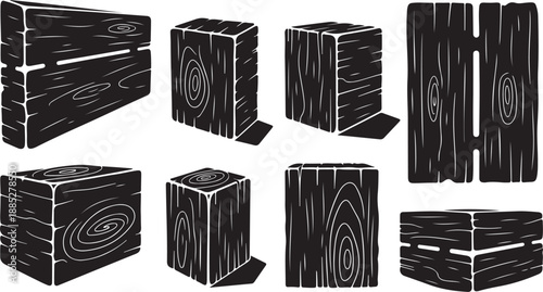 Collection of wooden crates and boxes in black illustration