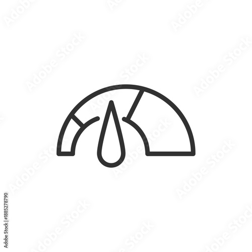 Speed gauge with needle up, linear icon. High performance and increased speed. Line with editable stroke.