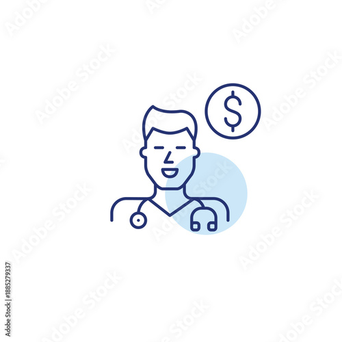 Male doctor wearing stethoscope and dollar sign. Medical cost, healthcare expenses. Pixel perfect, editable stroke vector icon