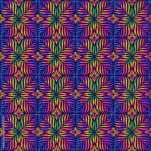 Seamless geometric floral pattern with flowing symmetrical shapes in vibrant rainbow colors, including blue, purple, pink, orange and green, on a dark blue background. Ideal for textiles, wallpaper an