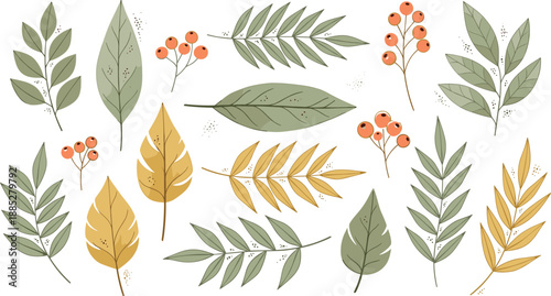 Botanical illustration set, green and yellow leaves, berry cluster graphics, nature foliage elements, plant design bundle for seasonal and decorative use