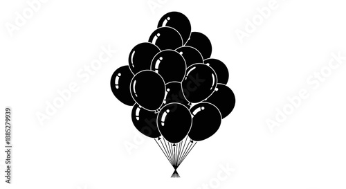 A stark black and white graphic illustration depicting a large cluster of shiny balloons tightly gathered together ready for a festive occasion or dramatic celebration event